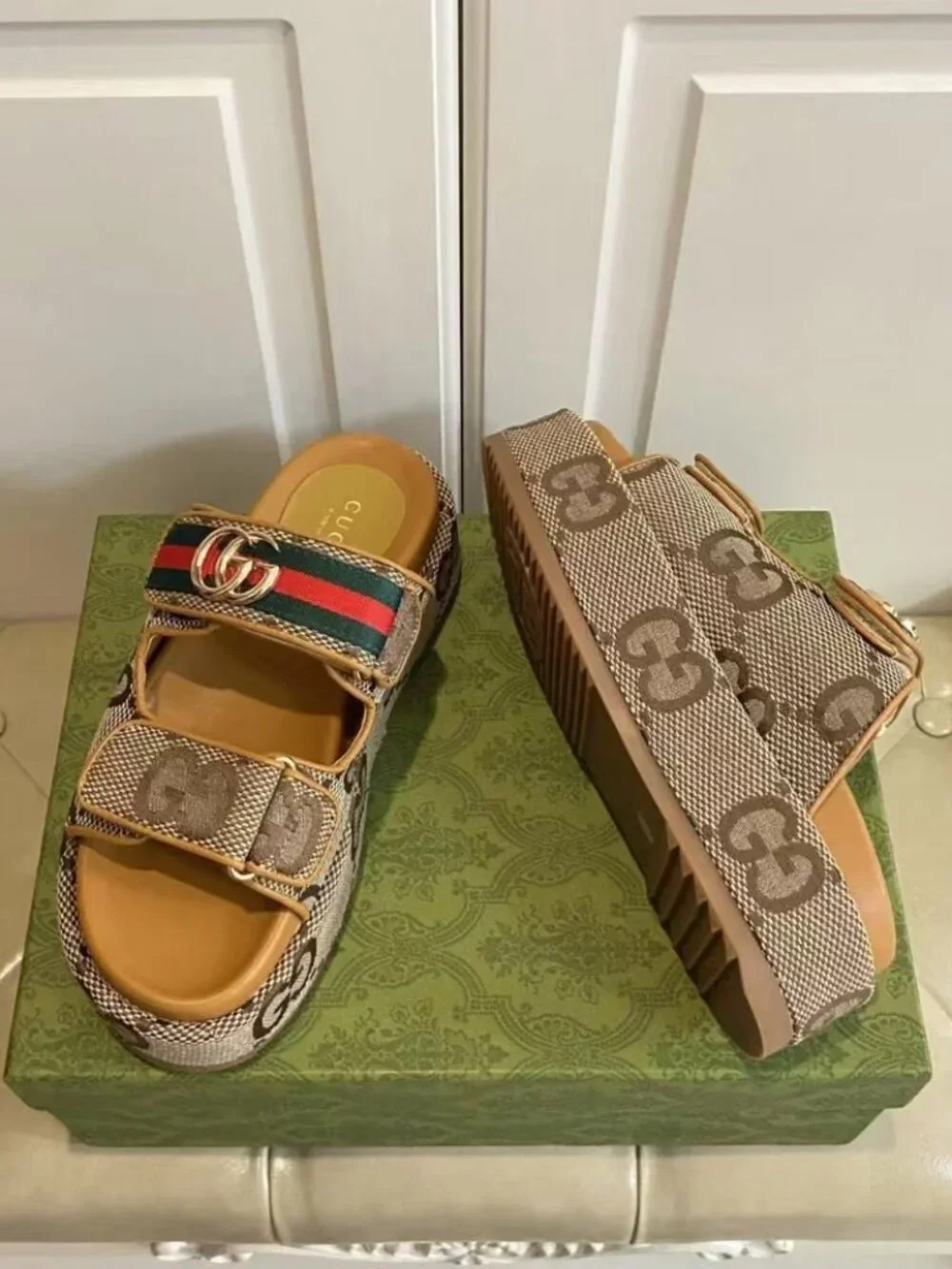 Gucci Monogram Canvas Adjustable Velcro Platform Slides